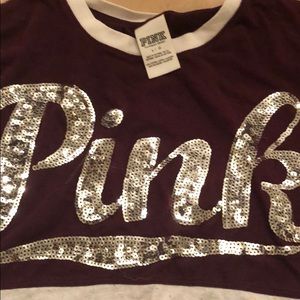 Long sleeve maroon/white shirt, silver sequins